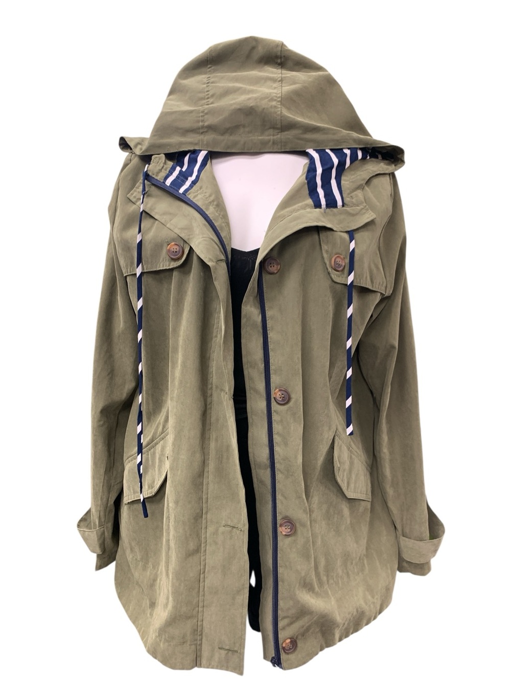 Olive Hooded Utility Jacket with Striped Trim